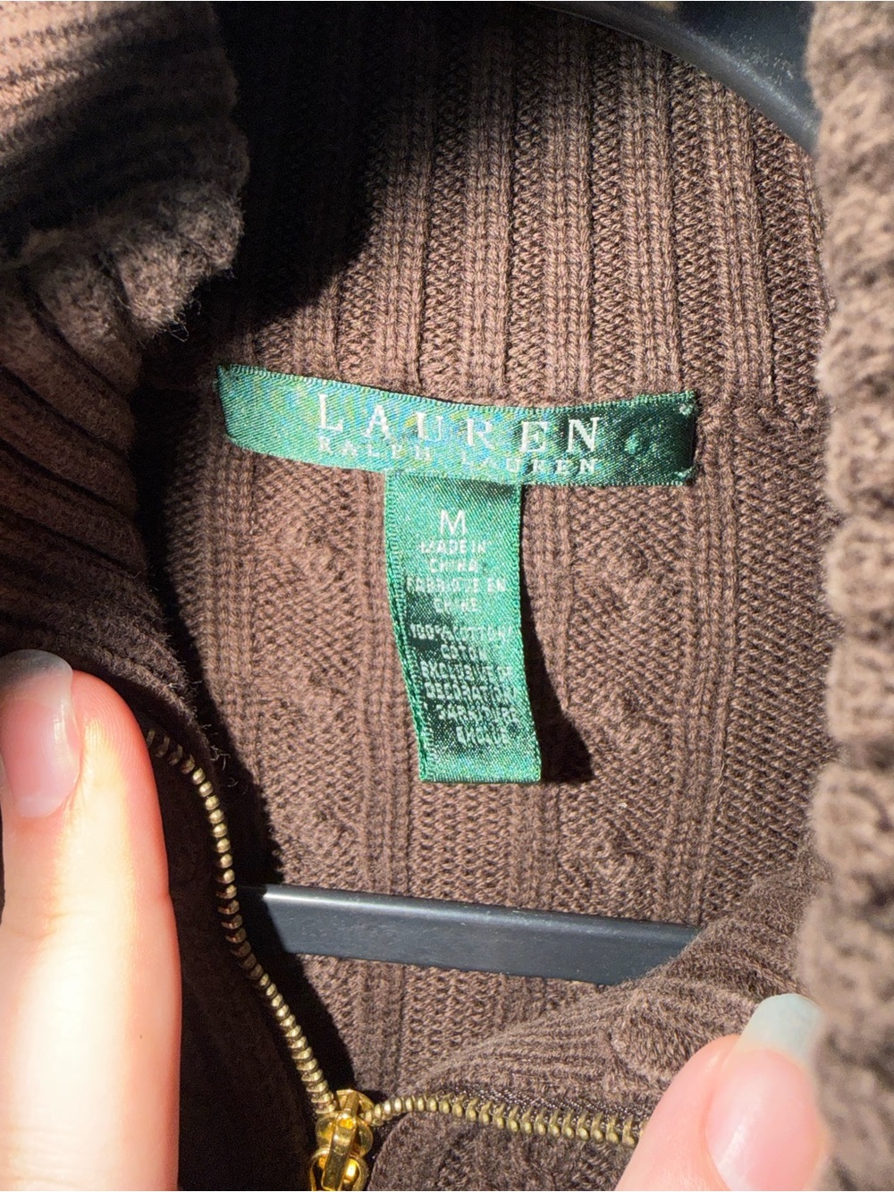 Lauren Ralph Lauren Brown Cable-Knit Zip Cardigan with Gold Accents - Picture 4 of 4